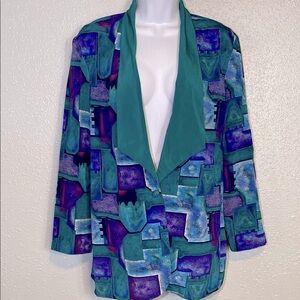 Vintage Green and Purple Geometric Blazer with Notched Lapels
